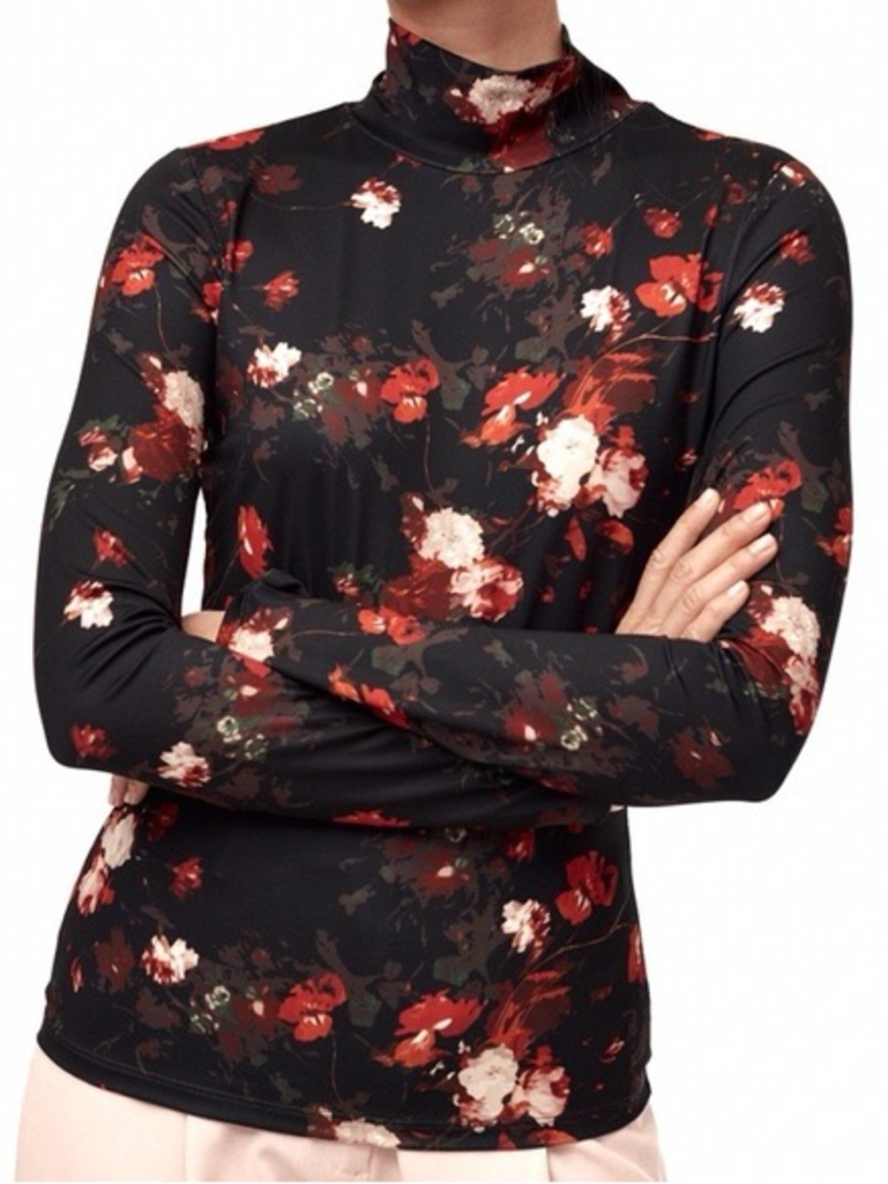 Aritzia Wilfred Black Floral Mock Neck Long Sleeve Top